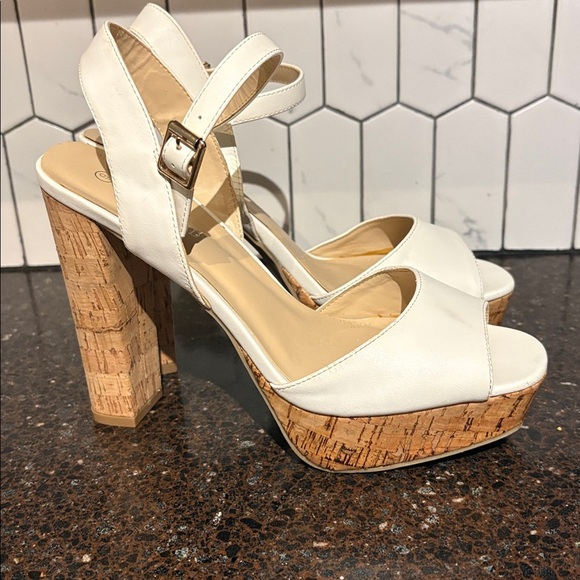Revamped White Platform Heels with Cork Block Heel, size 9 - Picture 6 of 10